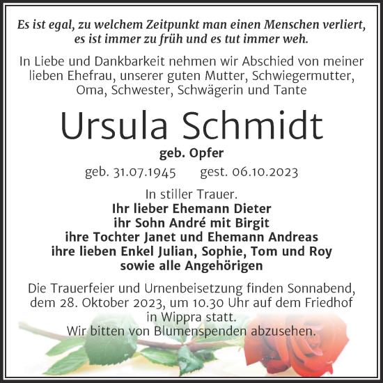 Traueranzeige von Ursula Schmidt von Mitteldeutsche Zeitung Mansfelder Land
