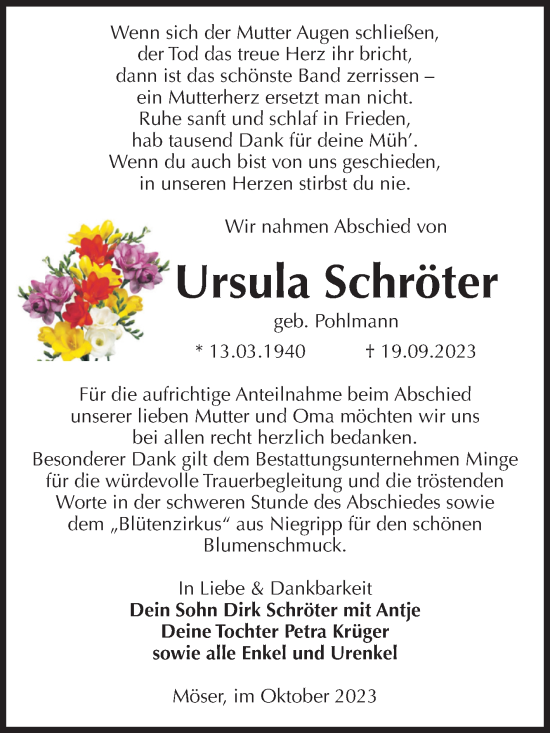 Traueranzeige von Ursula Schröter von Volksstimme Burg/Genthin