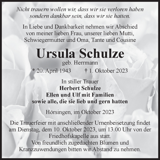 Traueranzeige von Ursula Schulze von Volksstimme Haldensleben/Wolmirstedt