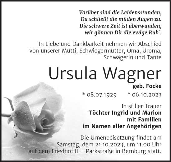 Traueranzeige von Ursula Wagner von Trauerkombi Bernburg