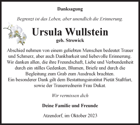 Traueranzeige von Ursula Wullstein von Volksstimme Staßfurt