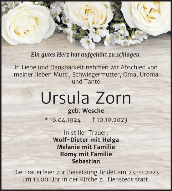 Traueranzeige von Ursula Zorn von Mitteldeutsche Zeitung Halle/Saalkreis