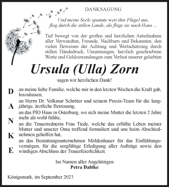 Traueranzeige von Ursula Zorn von Volksstimme Altmark Ost