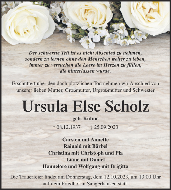 Traueranzeige von Ursula Else Scholz von Trauerkombi Sangerhausen