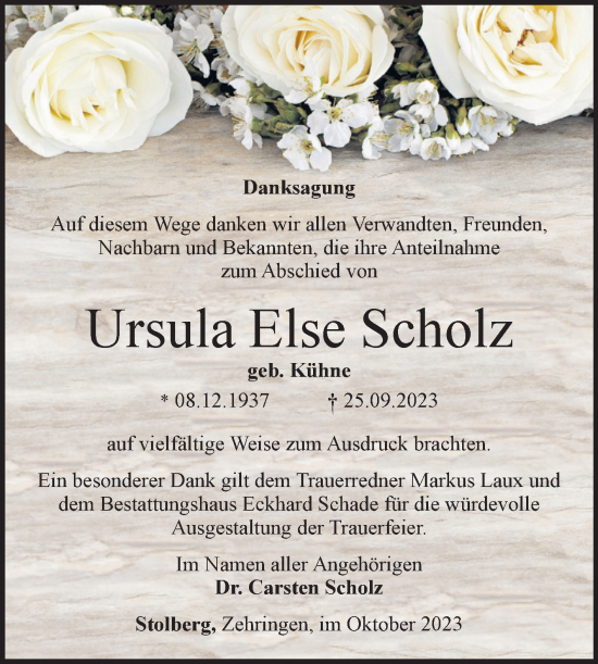 Traueranzeige von Ursula Else Scholz von Trauerkombi Sangerhausen