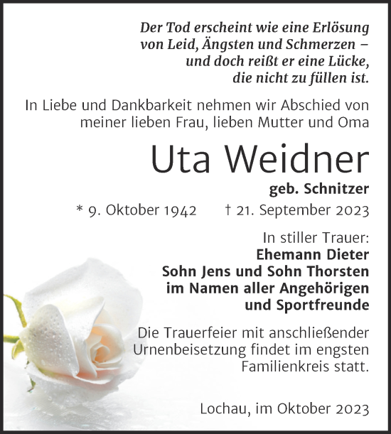 Traueranzeige von Uta Weidner von Mitteldeutsche Zeitung Halle/Saalkreis