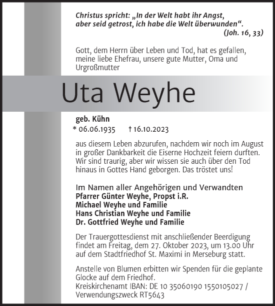 Traueranzeige von Uta Weyhe von Trauerkombi Merseburg