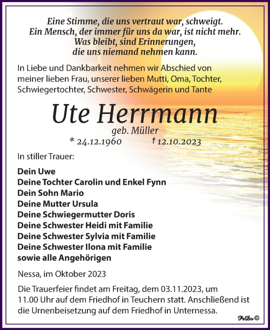 Traueranzeige von Ute Herrmann von Trauerkombi Weißenfels