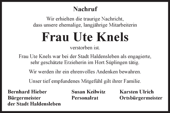 Traueranzeige von Ute Knels von Volksstimme Haldensleben/Wolmirstedt