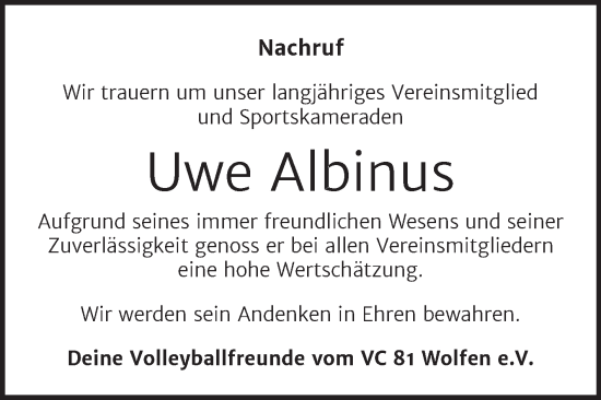 Traueranzeige von Uwe Albinus von Trauerkombi Bitterfeld