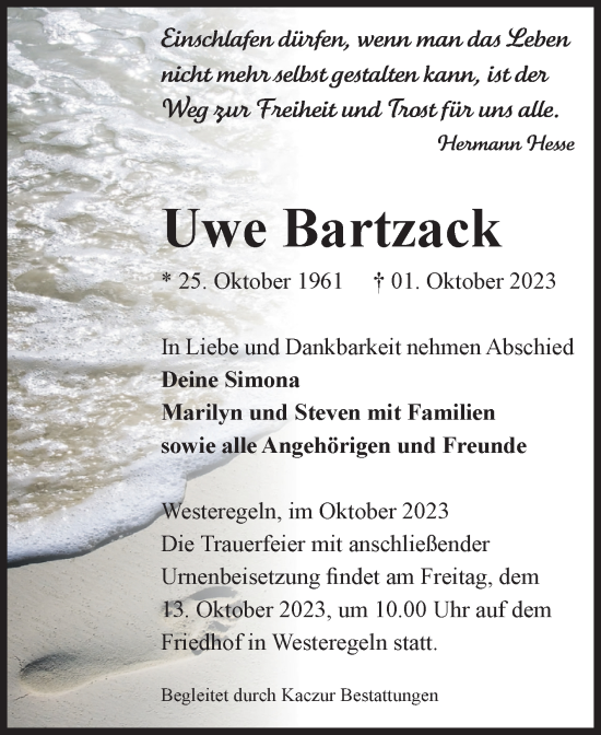 Traueranzeige von Uwe Bartzack von Volksstimme Staßfurt