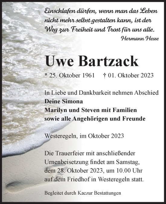 Traueranzeige von Uwe Bartzack von Volksstimme Staßfurt