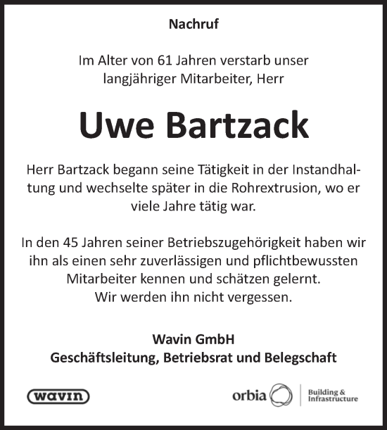 Traueranzeige von Uwe Bartzack von Volksstimme Staßfurt