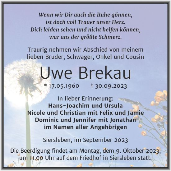 Traueranzeige von Uwe Brekau von Trauerkombi Mansfelder Land