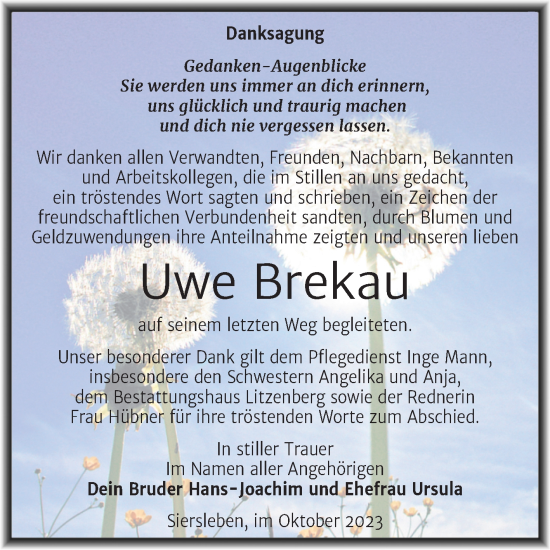 Traueranzeige von Uwe Brekau von Trauerkombi Mansfelder Land