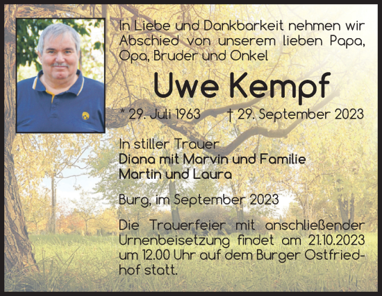 Traueranzeige von Uwe Kempf von Volksstimme Burg/Genthin