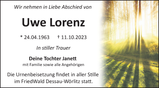 Traueranzeige von Uwe Lorenz von Trauerkombi Bitterfeld