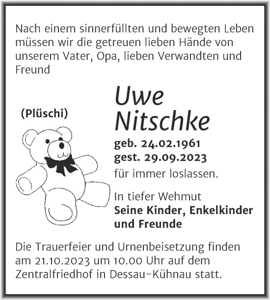 Traueranzeige von Uwe Nitschke von Trauerkombi Dessau