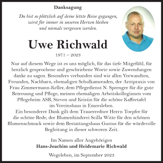 Traueranzeige von Uwe Richwald von Volksstimme Halberstadt