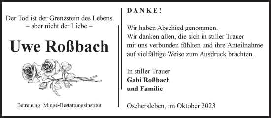 Traueranzeige von Uwe Roßbach von Volksstimme Oschersleben/Wanzleben