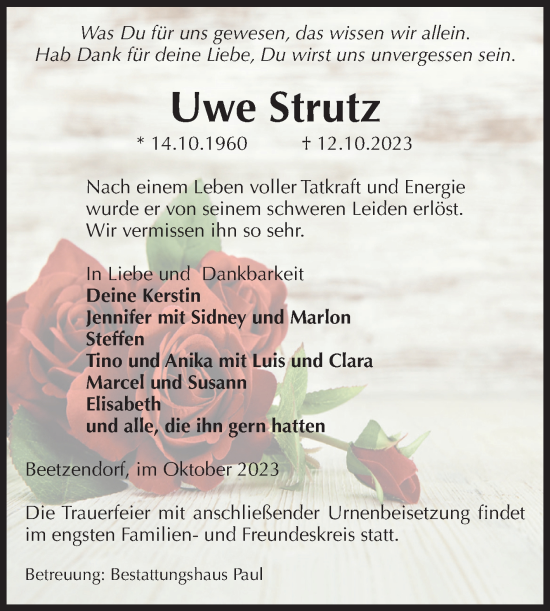 Traueranzeige von Uwe Strutz von Volksstimme Altmark West