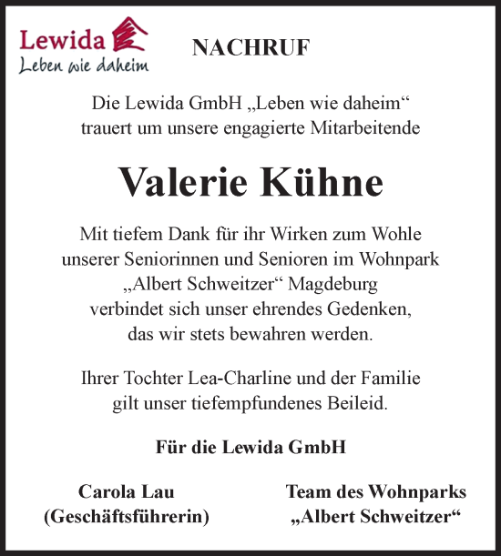 Traueranzeige von Valerie Kühne von Volksstimme Magdeburg