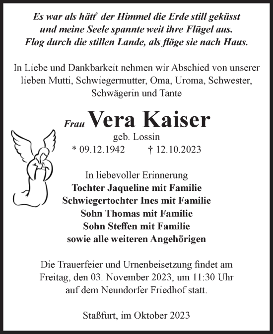 Traueranzeige von Vera Kaiser von Volksstimme Staßfurt