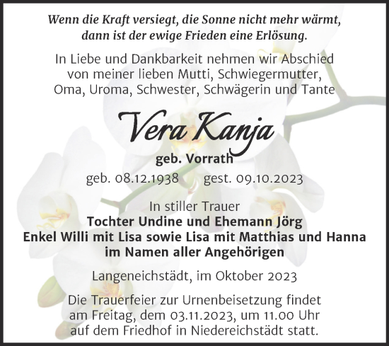 Traueranzeige von Vera Kanja von Trauerkombi Merseburg