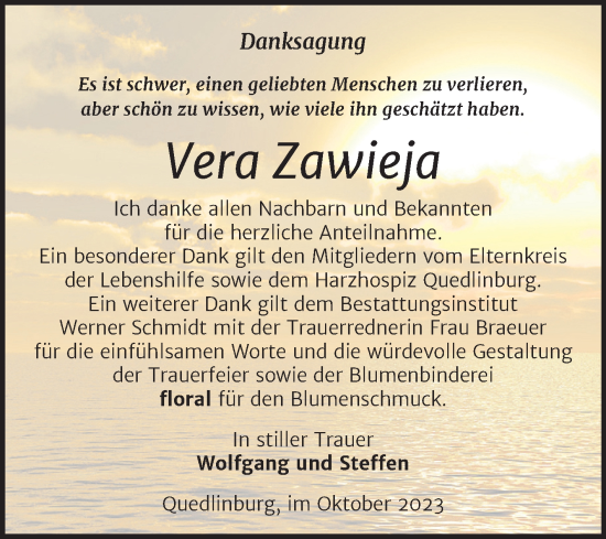 Traueranzeige von Vera Zawieja von Trauerkombi Quedlinburg
