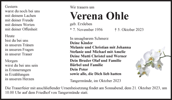 Traueranzeige von Verena Ohle von Volksstimme Altmark Ost