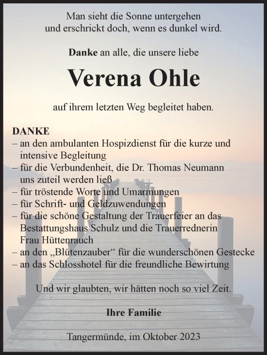 Traueranzeige von Verena Ohle von Volksstimme Altmark Ost
