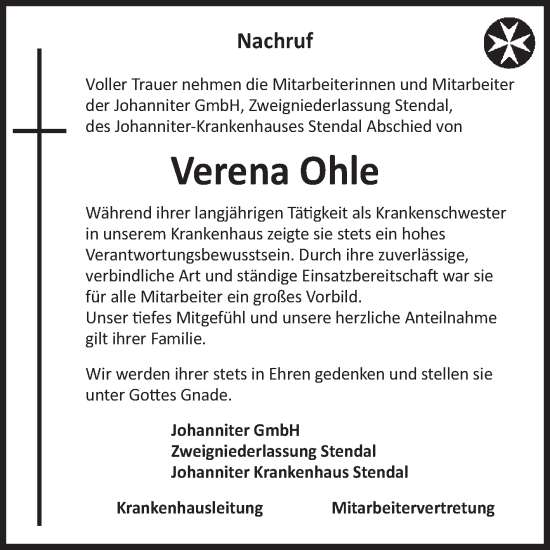 Traueranzeige von Verena Ohle 