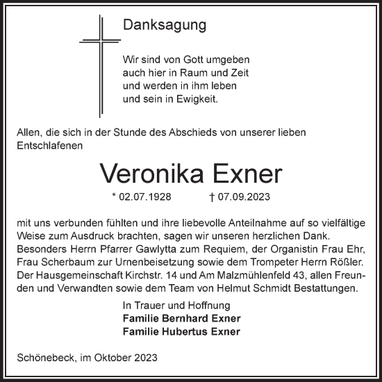 Traueranzeige von Veronika Exner von Volksstimme Schönebeck