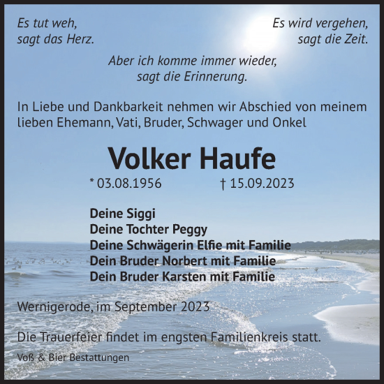 Traueranzeige von Volker Haufe von Volksstimme Wernigerode