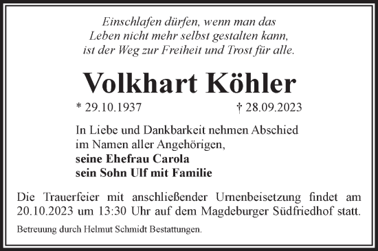 Traueranzeige von Volkhart Köhler von Volksstimme Magdeburg
