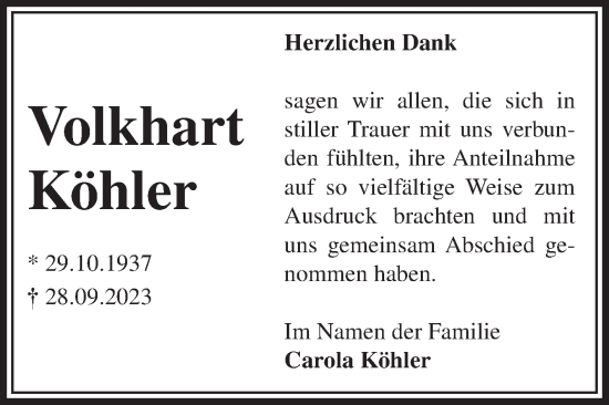 Traueranzeige von Volkhart Köhler von Volksstimme Magdeburg