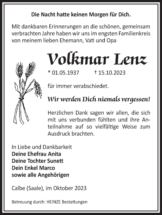Traueranzeige von Volkmar Lenz von Volksstimme Schönebeck