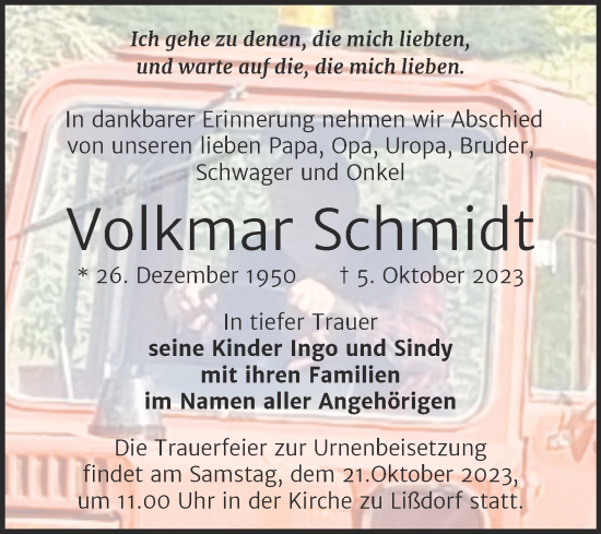 Traueranzeige von Volkmar Schmidt von Naumburger Tageblatt