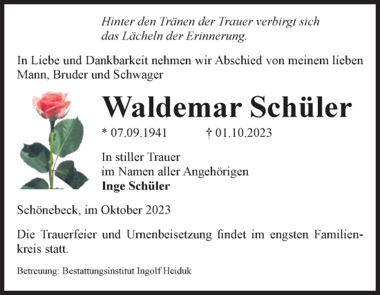 Traueranzeige von Waldemar Schüler von Volksstimme Schönebeck