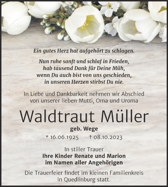 Traueranzeige von Waldtraut Müller von Trauerkombi Quedlinburg