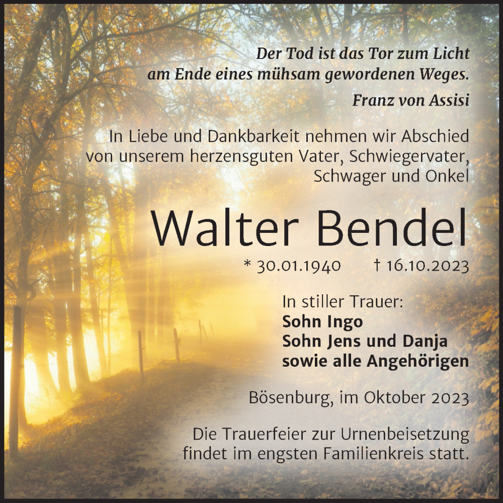 Traueranzeige für Walter Bendel vom 21.10.2023 aus Trauerkombi Mansfelder Land