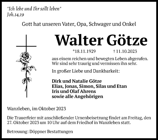 Traueranzeige von Walter Götze von Volksstimme Oschersleben/Wanzleben