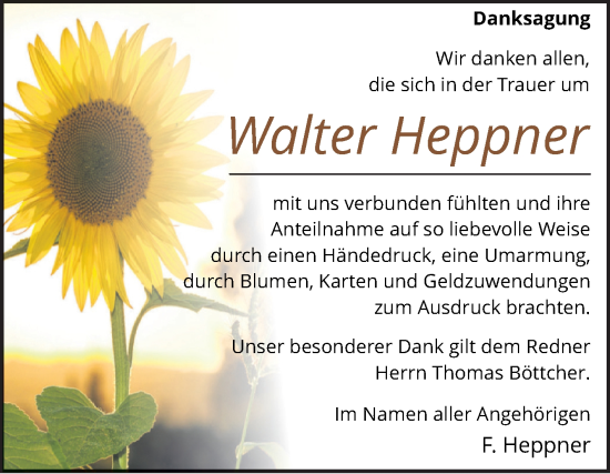 Traueranzeige von Walter Heppner von Volksstimme Magdeburg