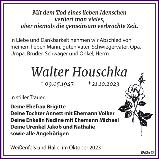 Traueranzeige von Walter Houschka von Trauerkombi Weißenfels