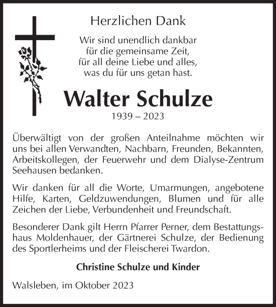 Traueranzeige von Walter Schulze von Volksstimme Altmark Ost