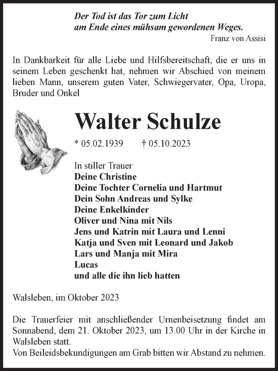 Traueranzeige von Walter Schulze von Volksstimme Altmark Ost