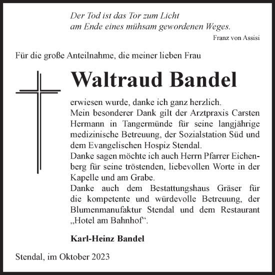 Traueranzeige von Waltraud Bandel von Volksstimme Altmark Ost