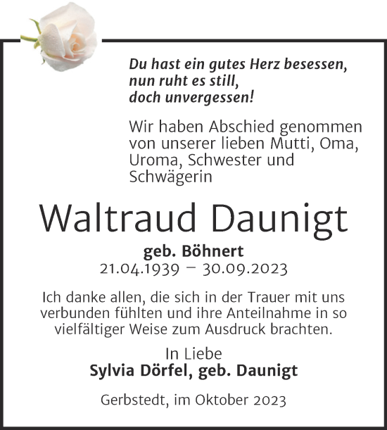 Traueranzeige von Waltraud Daunigt von Trauerkombi Mansfelder Land