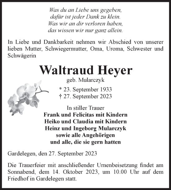 Traueranzeige von Waltraud Heyer von Volksstimme Altmark West