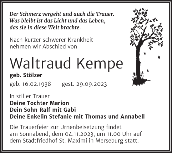 Traueranzeige von Waltraud Kempe von Trauerkombi Merseburg